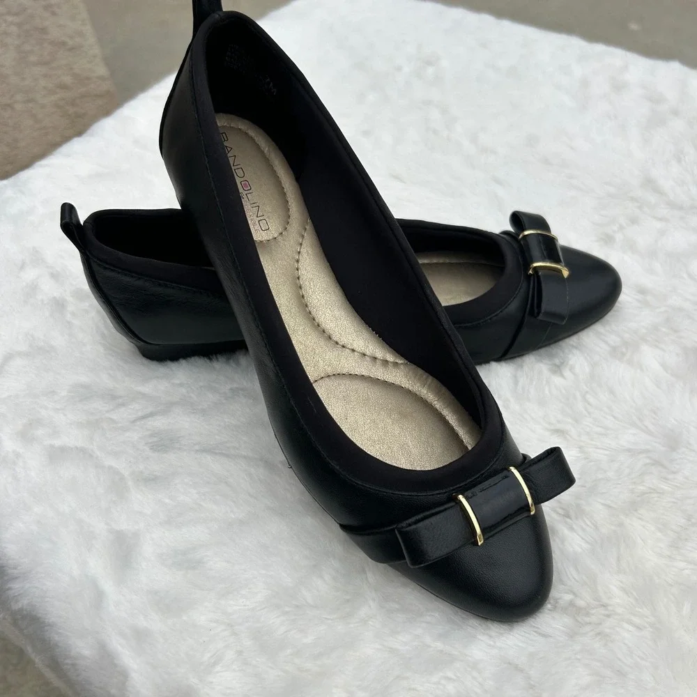Bandolino Black Leather Slip-On Wedge Flat Bow Comfort Dress Shoes Size 7